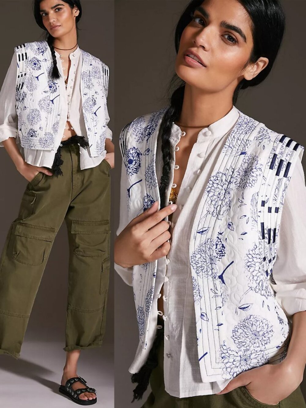 Maeve Anthropologie Blue White Floral Quilted Open Front‎ Vest One Size $99 Boho
